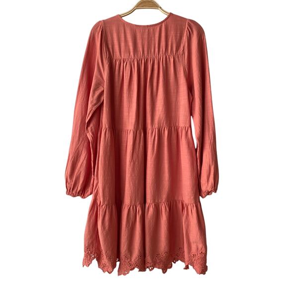 2/$30 OLD NAVY Boho Embroidered Tiered Peasant Dress M Coral Eyelet Long Sleeve - Picture 2 of 10